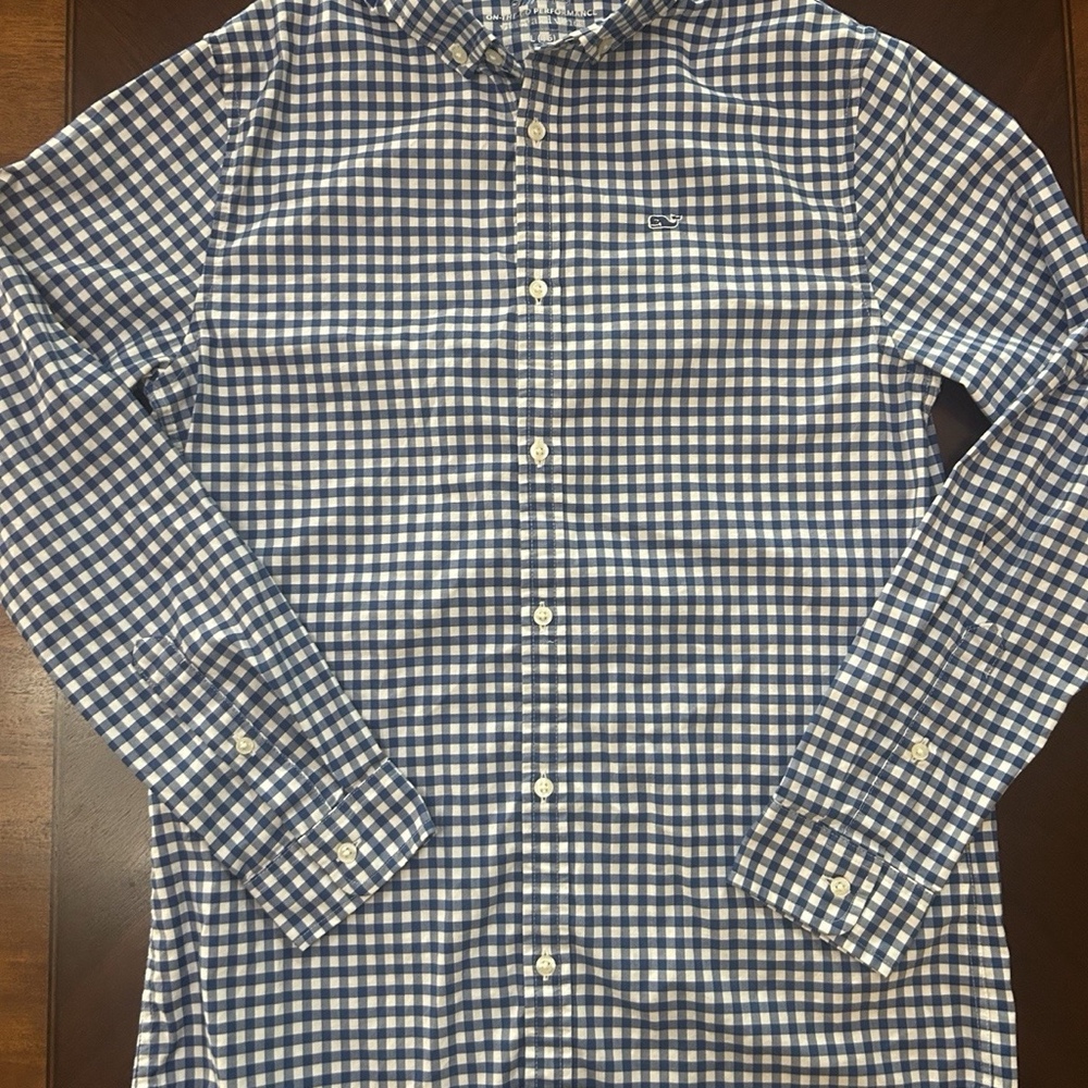 Vineyard Vines OTG Performance Boys Large 16 Blue Gingham Button Shirt